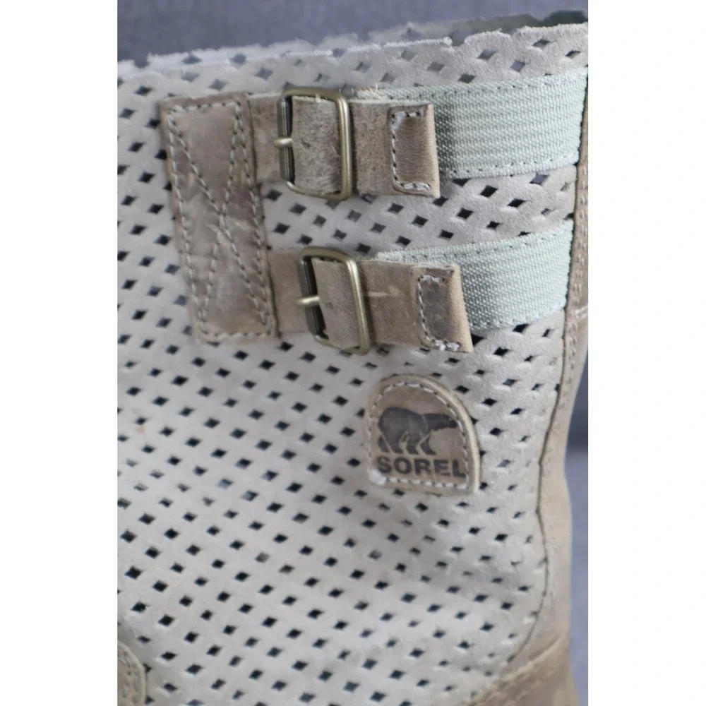 Sorel Boots Womens Size 7 Beige Suede Perforated Mid-Calf Slip On Buckle Logo